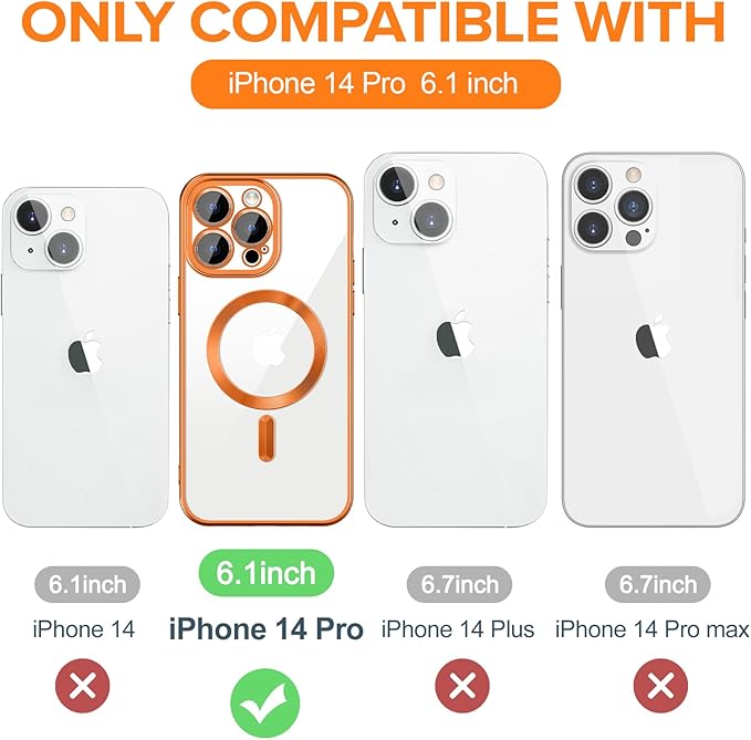 Hython Magnetic Clear for iPhone 14 Pro Case with Camera Lens Protector [Compatible with MagSafe] Luxury Plating Edge Slim Soft TPU Cover Protective Phone Case for iPhone 14 Pro 6.1", Matte Orange