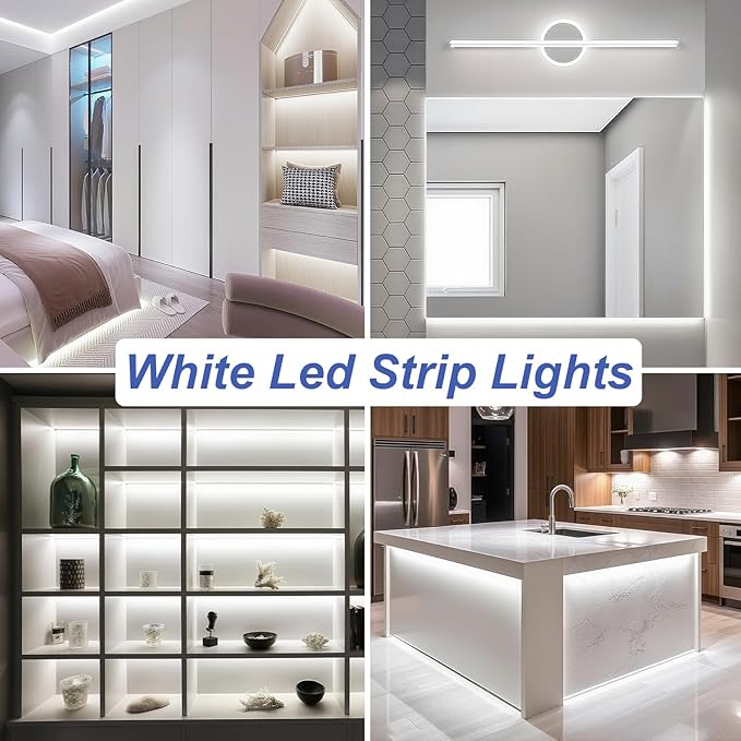 White LED Strip Lights, 32.8ft Dimmable Bright 12V LED Light Strip 8000K Pure White, 600 LEDs Flexible Tape Rope Lights for Bedrooms, Kitchen, Mirror, Living Room,Home Decoration