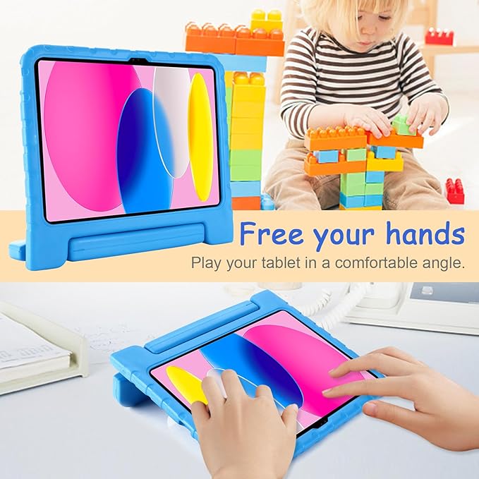 Kids Case for iPad 10th Generation (2022), iPad 11" A16 2025 Case with Pencil Holder, Techcircle Handle Stand Lightweight EVA Foam Bumper Protective Rugged Drop Protection Child Proof Cover, Blue