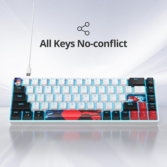 Protable 60% Percent Gaming Keyboard Mechanical, Mini Compact Ice-Blue LED Backlit 68 Keys Wired Office Keyboard with Red Switch for Mac/Win/PS4/PS5（68White/red Switch）