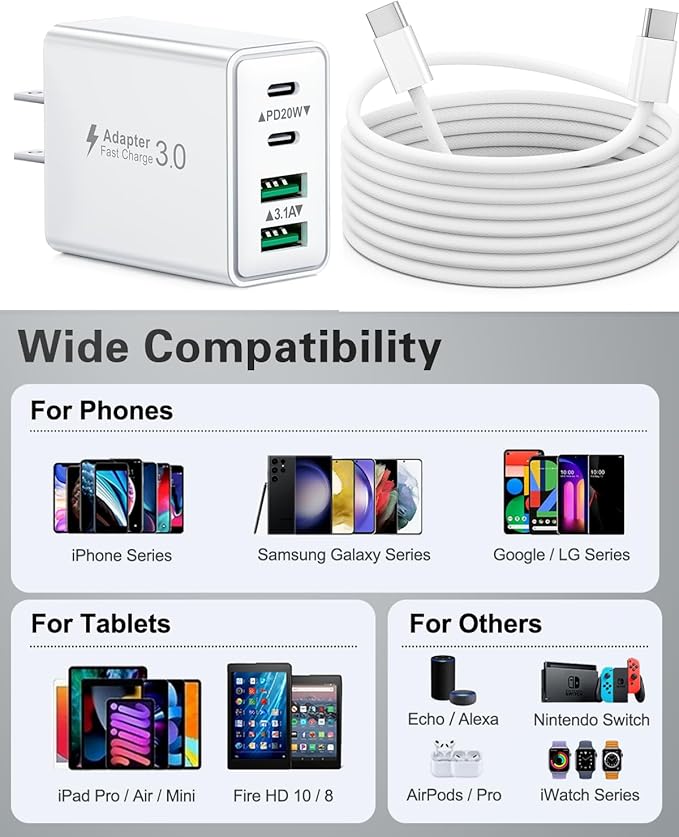 2-Pack iPhone 16 15 Fast Charger Block with 6FT USB C Cable, 40W 4-Port USB C Charging Block for iPhone 16 15 Pro Max Plus Series/iPad Pro, Samsung, Multi Wall Plug Power Adapter Charger Box Brick