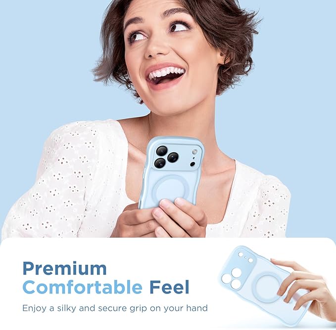 CAPRARO Magnetic for iPhone 17 Pro Max Case for Women Girls, Upgraded [Full Camera Protection] [Compatible with MagSafe] Cute Wave Translucent Matte Phone Case for iPhone 17 Pro Max, Light Blue