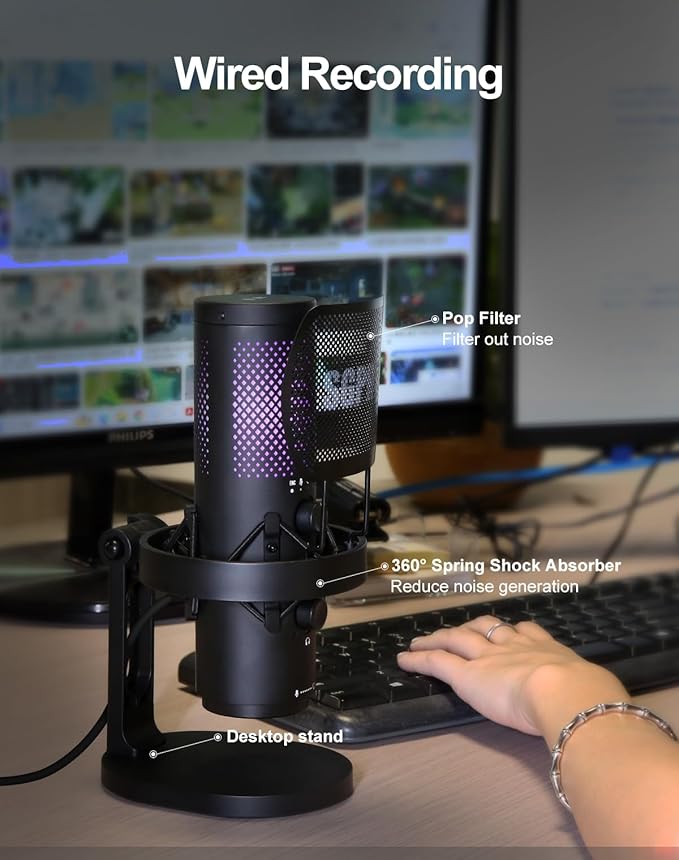 SGPRO Wireless USB Microphone for Streaming, Podcast, SG-CM25 Gaming Condenser Mic with RGB, Noise Cancellation, Tap to Mute, 24-bit/48kHz Recording, Includes Shock Mount & Pop Filter (PC/Mac/Mobile)