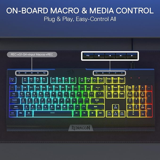 Redragon K525 RGB Backlit 104 Keys Wired Membrane Gaming Keyboard w/ 5 Multimedia Keys & 4 Extra On-Board Macro Keys, Dedicated Media Control, Ergonomic Wrist Rest, Linear Mechanical-Feel Switch