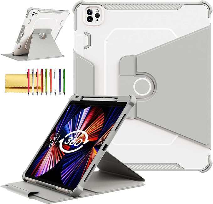 Rotating Case for iPad Pro 12.9" 6th/5th/4th Gen 2022/2021/2020 Smart Cover with Pencil Holder, Techcircle Hybrid TPU+PC Magnetic Cover Soft Bumper Slim Folio Shockproof Protective Case-Light Gray