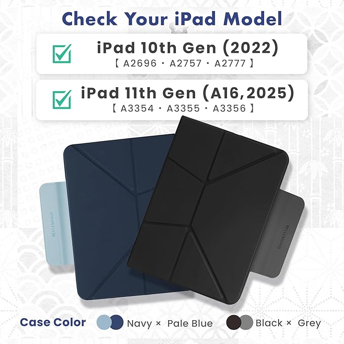 BELLEMOND iPad Case for iPad A16 11" 2025 / 10th Gen 10.9" 2022 | Origami Folio Stand | 6-Mode Foldable, Magnetic Detachable Cover | Mamoru Ori Case | Navy & Pale Blue