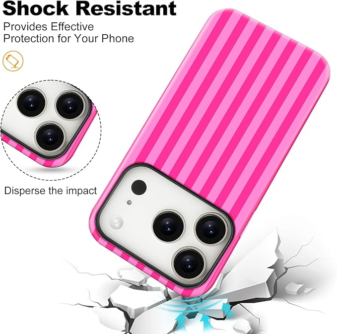Magnetic for iPhone 17 Pro Max Case Cute Stripes Phone Case, Shockproof Slim TPU and Hard PC Protective Phone Cover Compatible with MagSafe Designed for Women Girls, Deep Pink