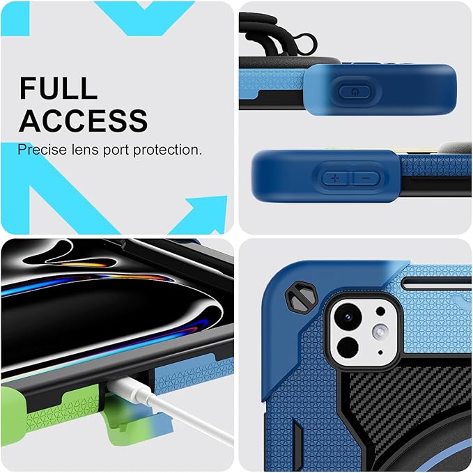 iPad Pro 11 Inch Case M5 2025/M4 2024, Heavy Duty Shockproof Protective Case with Screen Protector, 360° Rotating Stand Hand Strap Shoulder Strap Kids Cover Apple Pencil Holder