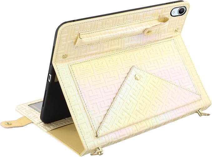 Shiny Case for iPad (A16) 2025 11"/iPad 10th Generation Handbag with Hand Strap, Techcircle Crossbody Iridescent Folio Stand Wallet Case with Pencil Holder+Card Slots+Shoulder Strap, Shiny Yellow
