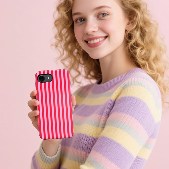 Magnetic for iPhone 17e Case Cute Stripes Phone Case, Shockproof Slim TPU and Hard PC Protective Phone Cover Compatible with MagSafe Designed for Women Girls, Red and Pink