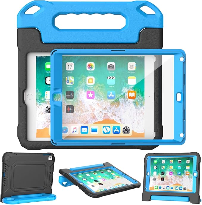 YIHE Kids Case for iPad 9.7 Inch with Screen Protector, Shockproof Handle Convertible Stand Case for iPad 9.7 6th/5th Generation 2018/2017, iPad Air 2/1& iPad Pro 9.7, Black Blue