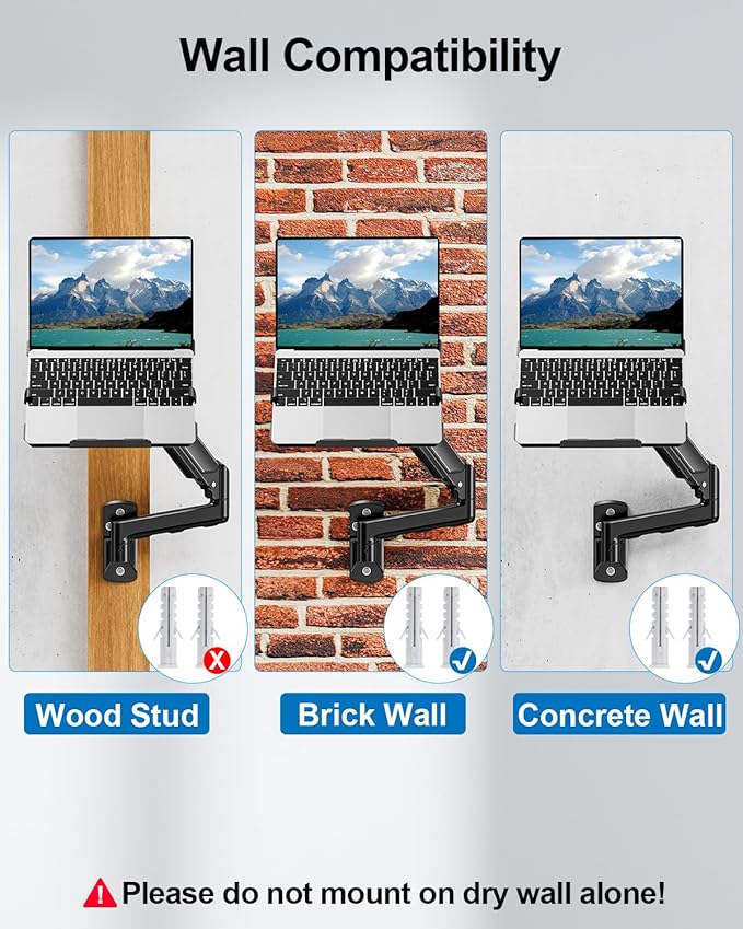 Laptop Wall Mount, 2-in-1 Monitor Wall Mount with Vented Tray fits Max 17" Notebook or 13-32" Computer Screen, Adjustable Laptop Arm Holds 4.4-22lbs, Gas Spring Laptop Holder Stand