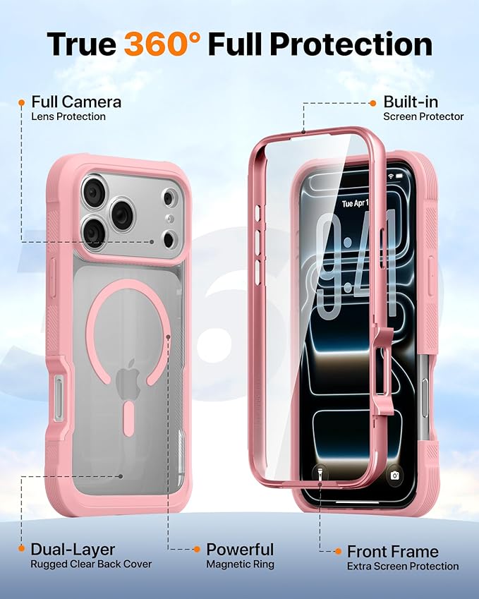 Diaclara Magnetic Designed for iPhone 17 Pro Max Case Full Body Bumper,[Compatible with MagSafe] Military Drop Proof Cover with Built-in Touch Sensitive Anti-Scratch Screen Protector,Pink