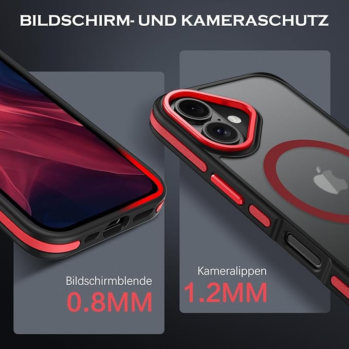 YINLAI Case for iPhone 16 Plus 6.7-Inch, iPhone 16 Plus Phone Case Magnetic [Compatible with Magsafe] Slim Translucent Matte Men Women Girls Shockproof Protective Back Cover, Black/Red