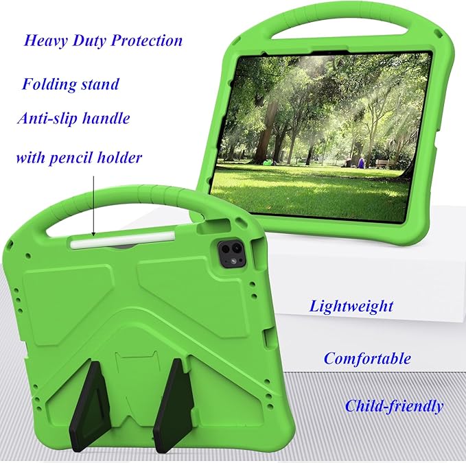 Kids Case for iPad Pro 13 inch M5/M4 (2025/2024) with Kickstand/Pencil Holder/Handle Stand Lightweight Soft EVA Foam Shockproof Heavy Duty Rugged Protection Kids Girls Boys Cover, Green
