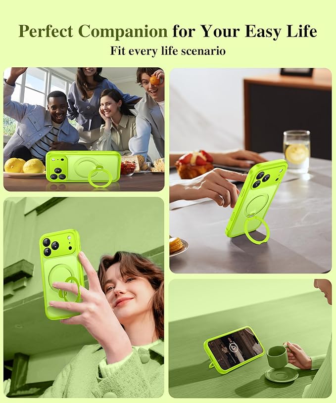 BERFY for iPhone 17 Pro Case, Compatible with MagSafe, Built in Privacy Screen Protector, Shockproof Full Body Phone Case for 17 Pro with Magnetic Stand, Translucent Bright Green