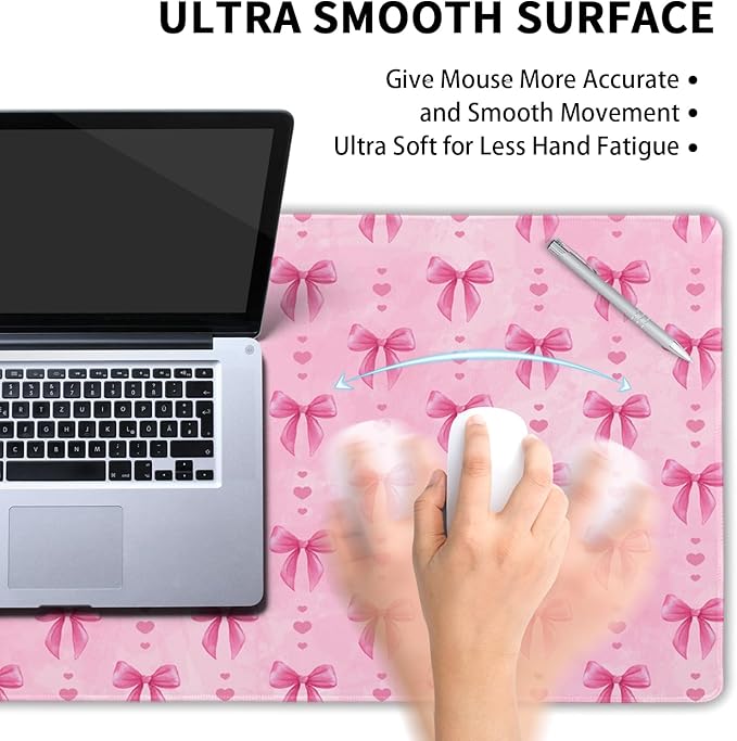 Pink Bows Mouse Pad Extended Large 31.5x11.8 in Coquette Kawaii Desk Mat Preppy Trendy Computer Large Mousepad Non-Slip Rubber Base Stitched Edge Gaming Mousepad PC Computer Desk Pad for Work Desktop