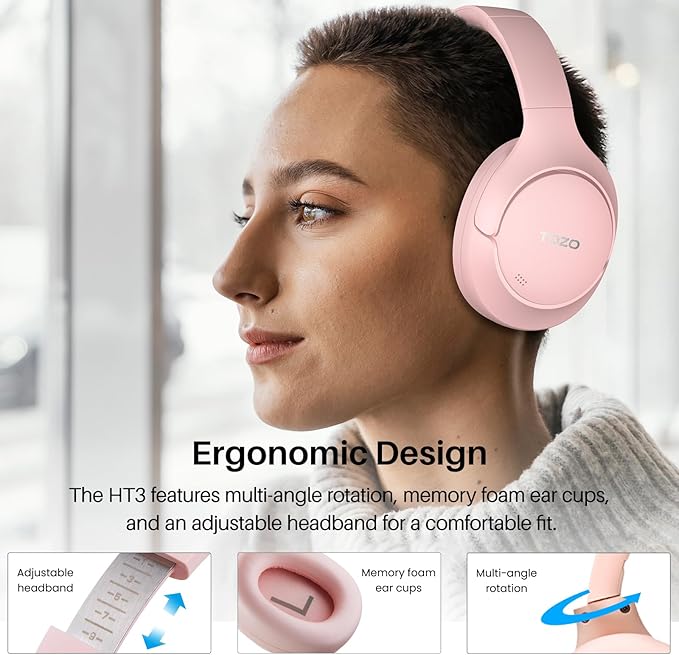 TOZO HT3 Hybrid Noise Cancelling Headphones, 90H Battery Life Wireless Over Ear Bluetooth 6.0 Foldable Headset, AI Voice Assistant with 5 Mics, Connect 2 Devices & Hi-Res Sound, 32 Audio EQ, with Case