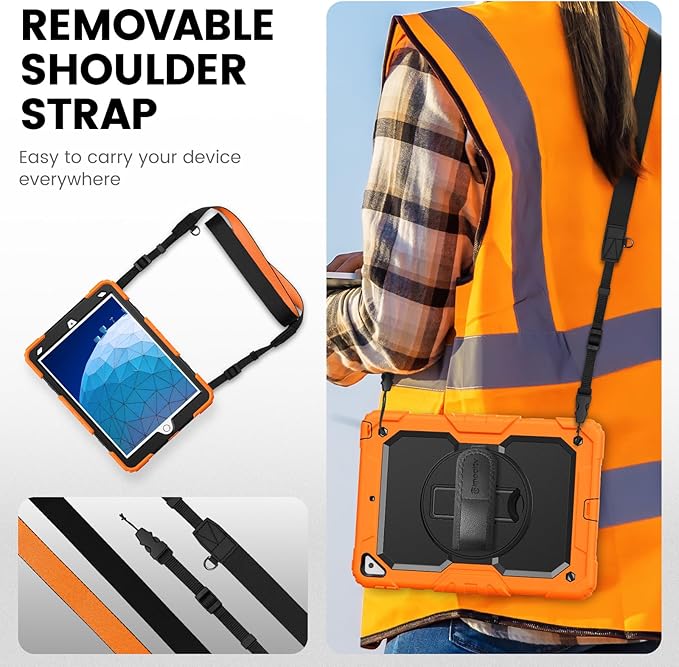Timecity for iPad Air 3/ Pro 10.5 Inch Case, 360° Rotating Stand, Pencil Holder, Shockproof with Screen Protector & Shoulder Strap - Heavy Duty Protection Case for iPad Air 3rd Gen - Orange