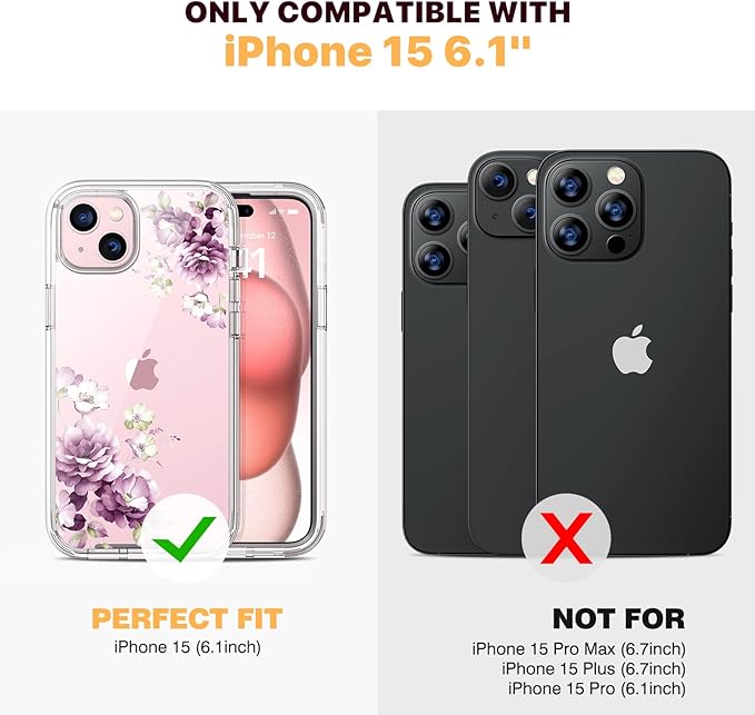 Diaclara Designed for iPhone 15 Case, Full Body Rugged Case with Built-in Touch Sensitive Anti-Scratch Screen Protector, with Camera Lens Protector for iPhone 15 6.1" (Peony)