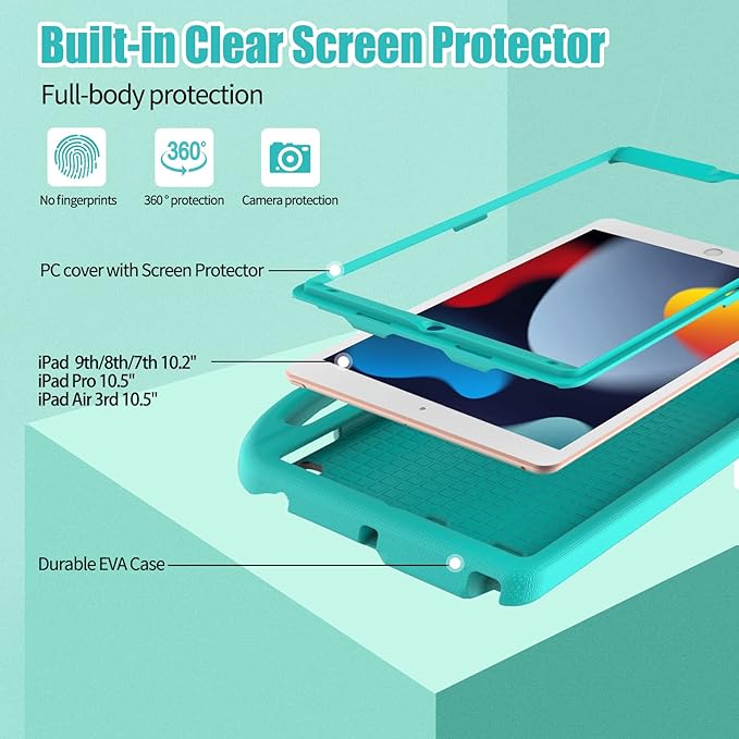 Kids Case for iPad 10.2 & 10.5, iPad 9th/8th/7th Generation 10.2" 2021 2020 2019 Case with Screen Protector, iPad Air 3rd Gen/Pro 10.5 inch Protective Cover with Handle Stand, Cyan
