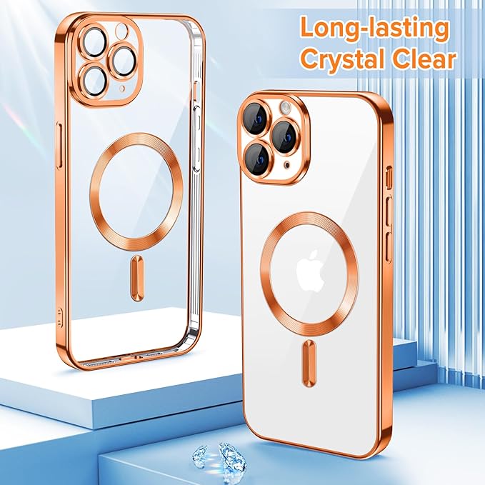 Hython Magnetic Clear for iPhone 11 Pro Case with Camera Lens Protector [Compatible with MagSafe] Luxury Plating Edge Slim Soft TPU Cover Protective Phone Case for iPhone 11 Pro 5.8", Orange