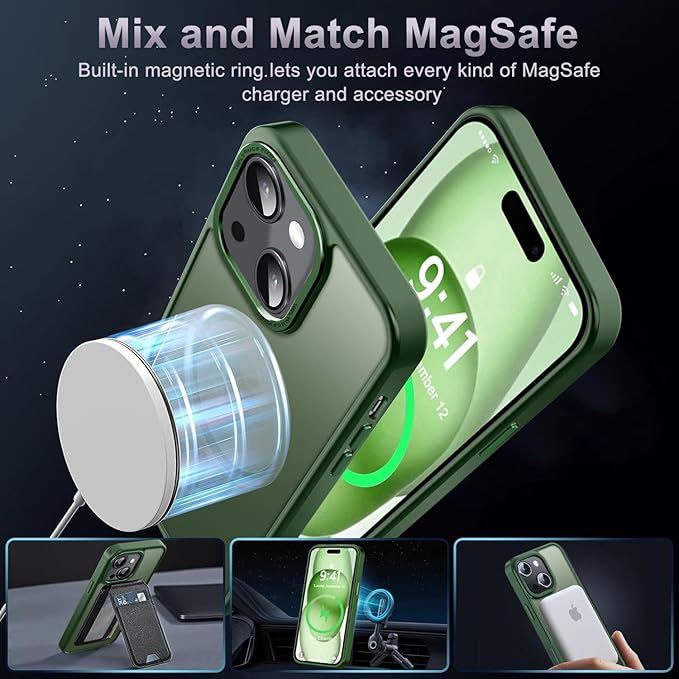Newfuture Magnetic for iPhone 15 Case [Compatible with Magsafe] [Military Grade Drop Protection] Translucent Matte Anti-Fingerprint Shockproof Phone Case for iPhone 15 6.1 inch, Dark Green
