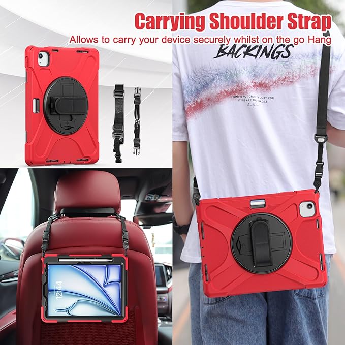 TSQQST Case for iPad Air 11 Inch M4 2026/M3 2025/M2 2024, Cover for iPad Air 5th 4th Generation 10.9"/Pro 11 4th/3rd/2nd/1st Heavy Duty Shockproof Case with Screen Protector+Stand+Hand Strap, Red