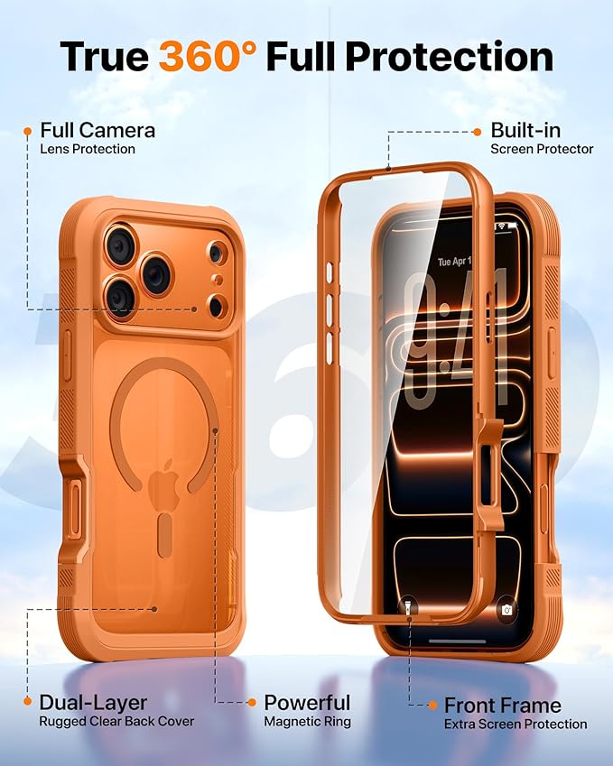 Diaclara Magnetic Designed for iPhone 17 Pro Case 6.3'' [Full Camera Protection] Full Body Bumper,[Compatible with MagSafe] Military Drop Proof Phone Case w/Built-in Screen Protector,Orange