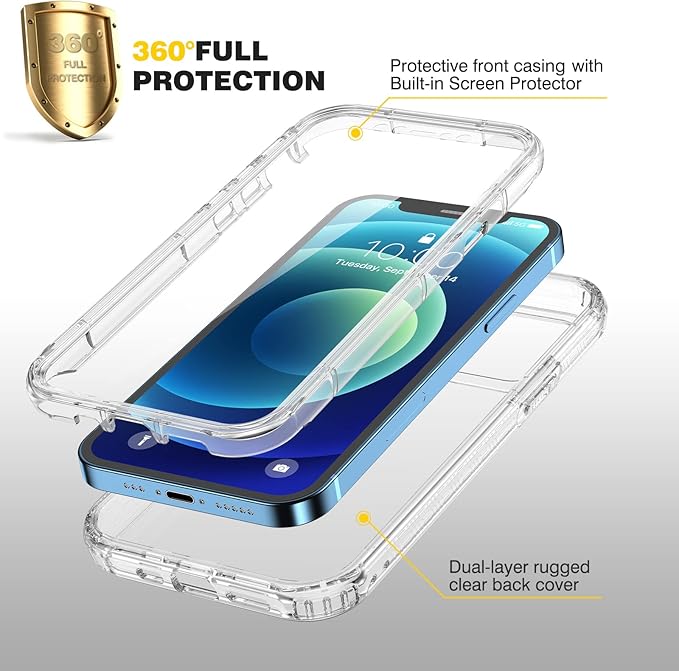 Diaclara Designed for iPhone 12/12 Pro Case, Full Body Rugged with Built-in Touch Sensitive Anti-Scratch Screen Protector, Soft TPU Bumper Case for iPhone 12/12 Pro 6.1" (Clear)