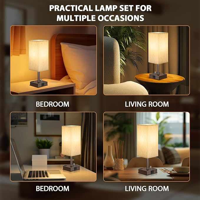 aooshine Brown Fully Dimmable Nightstand Lamps Set of 2 - Table Bedside Lamp with USB C+A Charging Ports & 2 AC Outlets, Square Lamp Sets Linen Fabric Shade for Bedroom (Bulb Included)