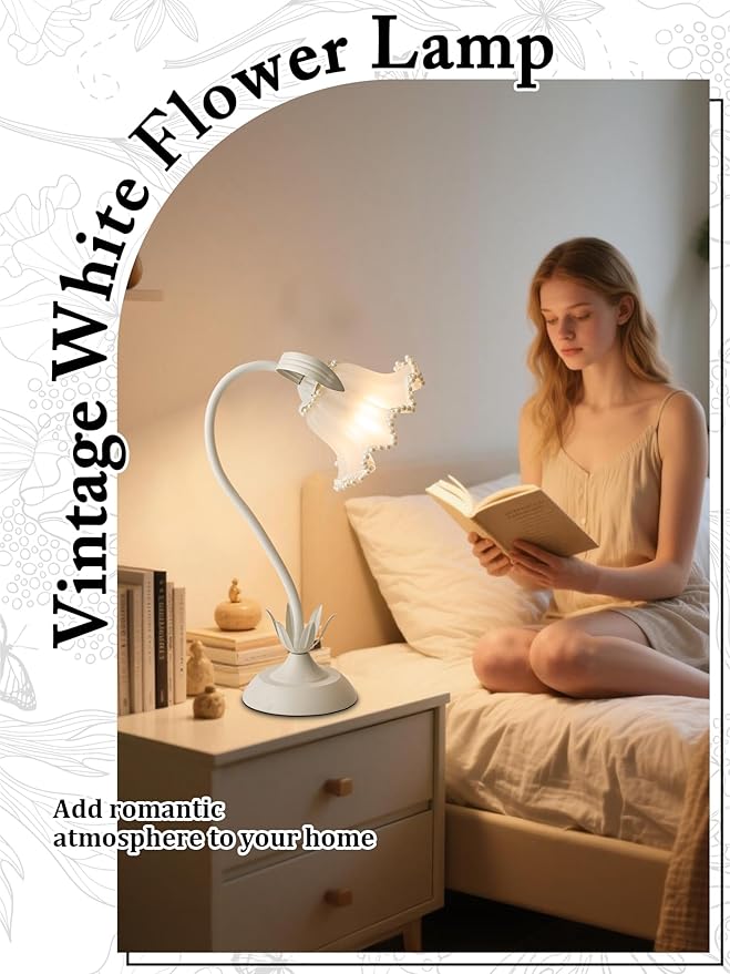 AQDZCNF Flower Table Lamp,LED Reading Light Bedside Vintage Flower Night Light,3 Colors Modes Kawaii Bedside Lamps Decor,Living Room Bedroom Room Lighting Table Lamps Home Decoration (White Pearls)