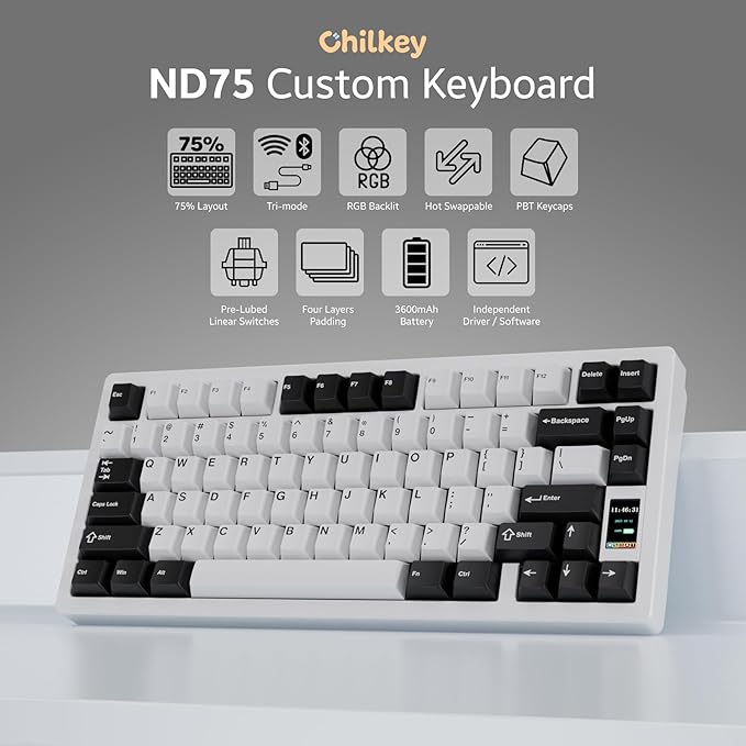 OOCTPK Chilkey ND75 Aluminum Keyboard 75% Percent Wireless Gaming Mechanical Keyboard with LCD Screen, Quick Assembly, BT/2.4G/USB-C, Hot Swappable Per-Key RGB Custom Key Board for Laptop Office PC