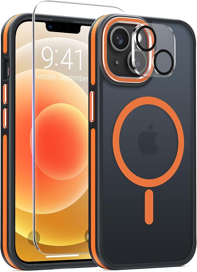 DOMAVER Magnetic 3 in 1 for iPhone 14 Case, [Omni-Directional Protection] with 1x Screen Protector + 1x Camera Cover, [Seamless Work with Magsafe] Protective Silm Case for iPhone 14 Cosmic Orange