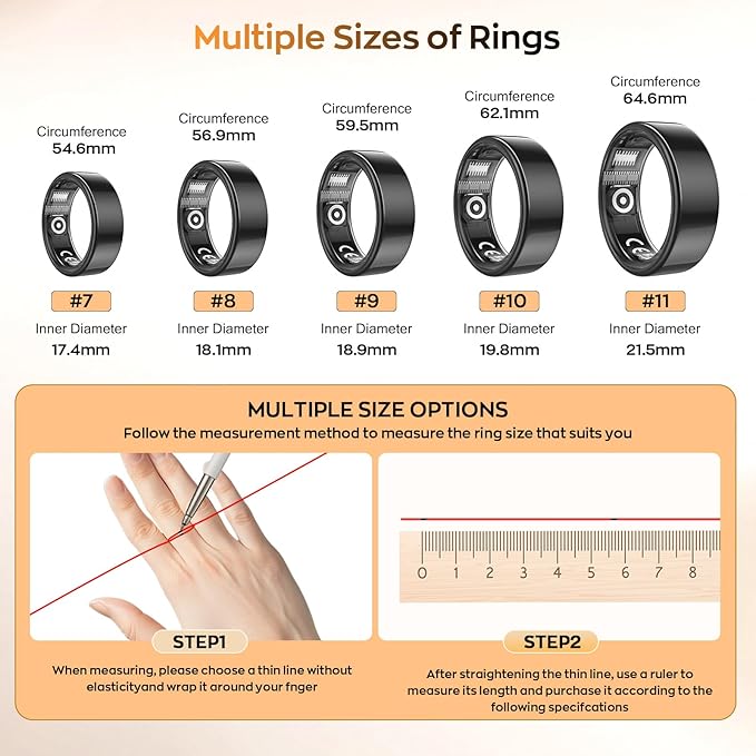 Smart Ring with Sleep Monitoring, Step Counting, Heart Rate for iPhone and Android, No Subscription Fee, IP68 Waterproof Health Tracker (Black, 7)