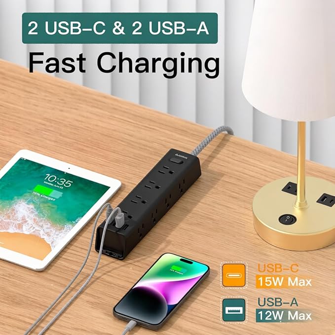 Addtam 10FT Power Strip Surge Protector, 12 Wide Spaced Outlets 4 USB Ports, Flat Plug Extension Cord, Wall Mount Outlet Extender, 1050J Protection for Desk Office Gaming, ETL Listed, Black