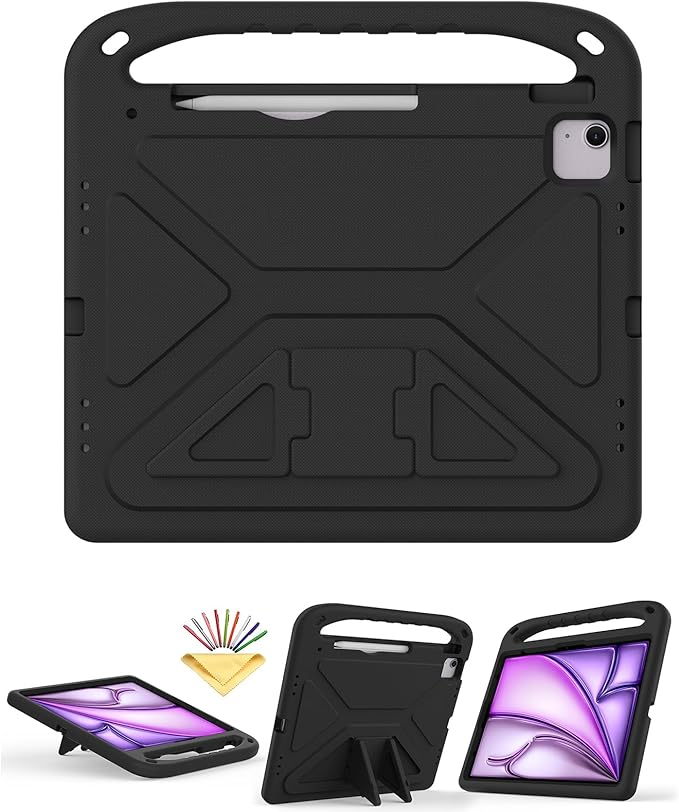 Kids Case for iPad Pro 13 inch (M5) 2025/ (M4) 2024, with Pencil Holder/Kickstand/Handle Stand Lightweight Cute Soft EVA Shockproof Silicone Anti-Slip Grip Rugged Girls Boys Cover, Black