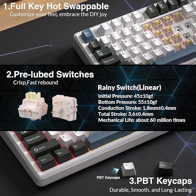 Aula L99 Wireless Mechanical Keyboard with Smart Touch Screen,Tri-Mode Hot Swappable Custom Gaming Keyboard,RGB Backlit,PBT Keycap,Gasket Mount Creamy Sounding Computer Keyboards for Office PC,84 Keys