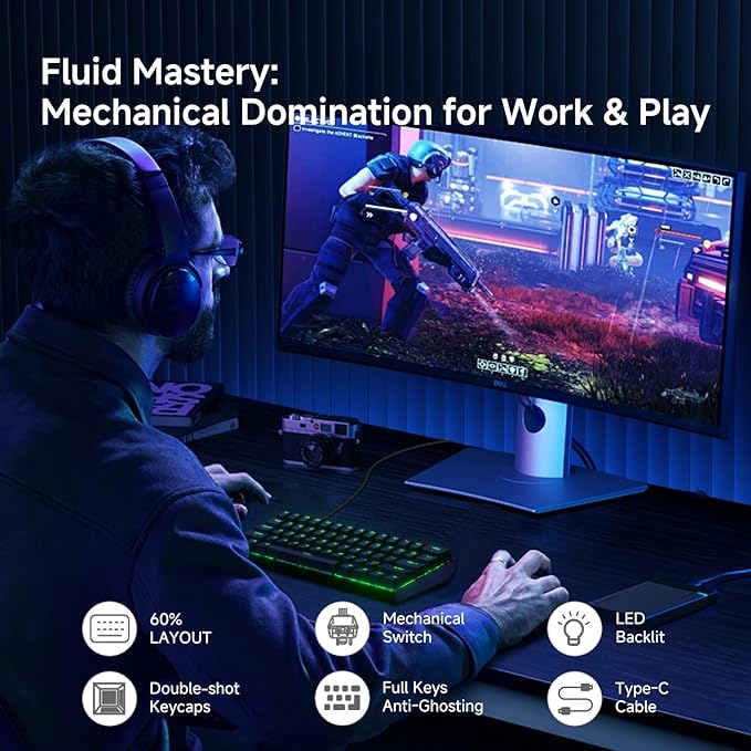 TMKB 60% Mechanical Gaming Keyboard, Red Linear Switch, LED Backlight, Anti-Ghosting, Detachable USB-C, Double-Shot Keycaps, 61 Keys, Wired, Black