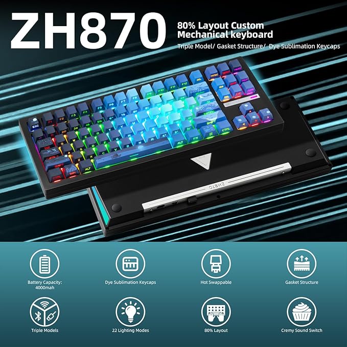 ZORNHER ZH870 Wireless Mechanical Gaming Keyboard,80% Blue Custom Creamy Sound Keyboard with Lighted Up Dye Sublimation PBT Keycaps,Pre-lubed Linear Switches,Hot-Swappable,RGB Backlit