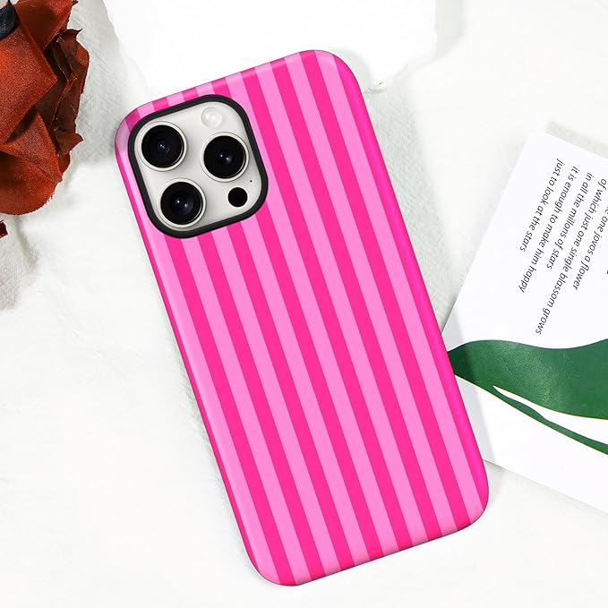 Magnetic for iPhone 13 Pro Case Cute Stripes Phone Case, Shockproof Slim TPU and Hard PC Protective Phone Cover Compatible with MagSafe Designed for Women Girls, Deep Pink