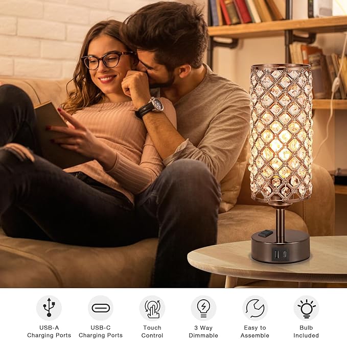 Hong-in Crystal Table Lamp Touch Control Set of 2, 3-Way Black Crystal Lamps with USB C+A Ports & AC Outlet, Dimmable Nightstand Desk Lamps,Modern Bedside Table Lamp for Bedroom(Bulbs Included)