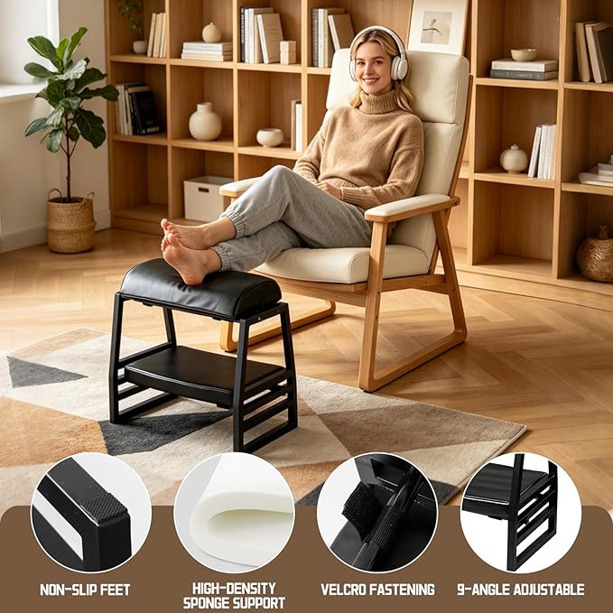 Adjustable Double Step Footrest Under Desk,9-Angle Double Step Foot Stool for Office & Home, Ergonomic Foot Support with Non-Slip Pads - Black