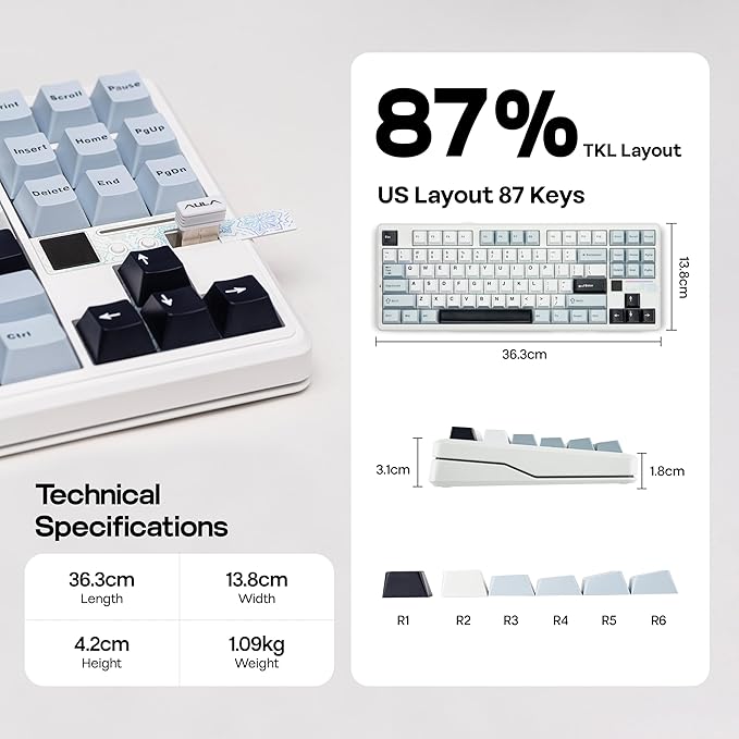 MechLands Aula F87 PRO V2 Wireless Gaming Keyboard with 10000mAh Battery, 8K Polling, SOCD/MT/TGL, BT/2.4GHz/Wired, Hot Swap TKL Mechanical Keyboard with Creamy Gasket, RGB Backlit (White Blue)