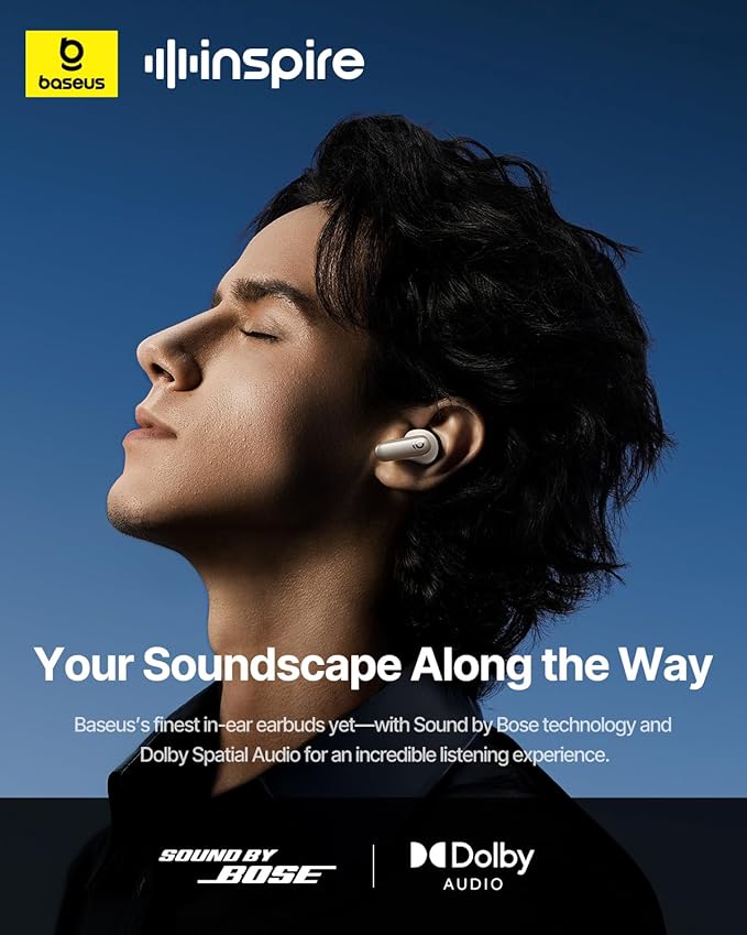 Baseus Inspire XP1 Adaptive Noise Cancelling Earbuds, Sound by Bose, Dolby Audio, Premium Real-Time Adaptive ANC, Adaptive Tuning Sound, Natural Fit Design, 6-Mic Adaptive Clear Calls, 45H Playtime