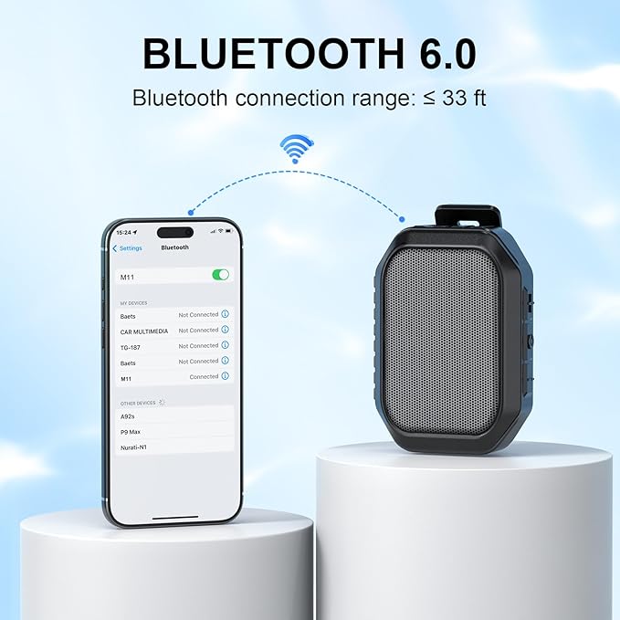 Wearable Bluetooth Speaker,IPX7 Waterproof Outdoor Speakers,Clip-On Wireless Small Portable Speaker with Bluetooth 6.0,TWS,Hands-Free Calls for Work,Golf,Camping