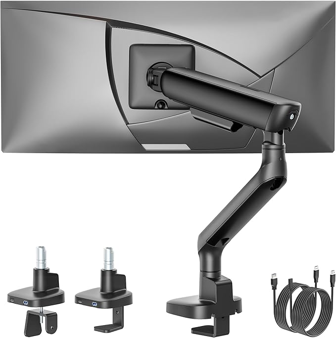monTEK Single Monitor Arm with USB, Mechanical Spring Monitor Arm for 17-40" Screens, Adjustable Monitor Desk Mount Holds up to 26.4 lbs with C Clamp/Grommet Desk Mount, VESA 75/100mm