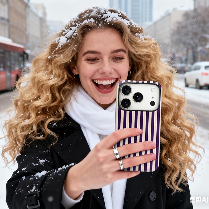 Magnetic for iPhone 17 Pro Case Cute Stripes Phone Case, Shockproof Slim TPU and Hard PC Protective Phone Cover Compatible with MagSafe Designed for Women Girls, Deep Purple