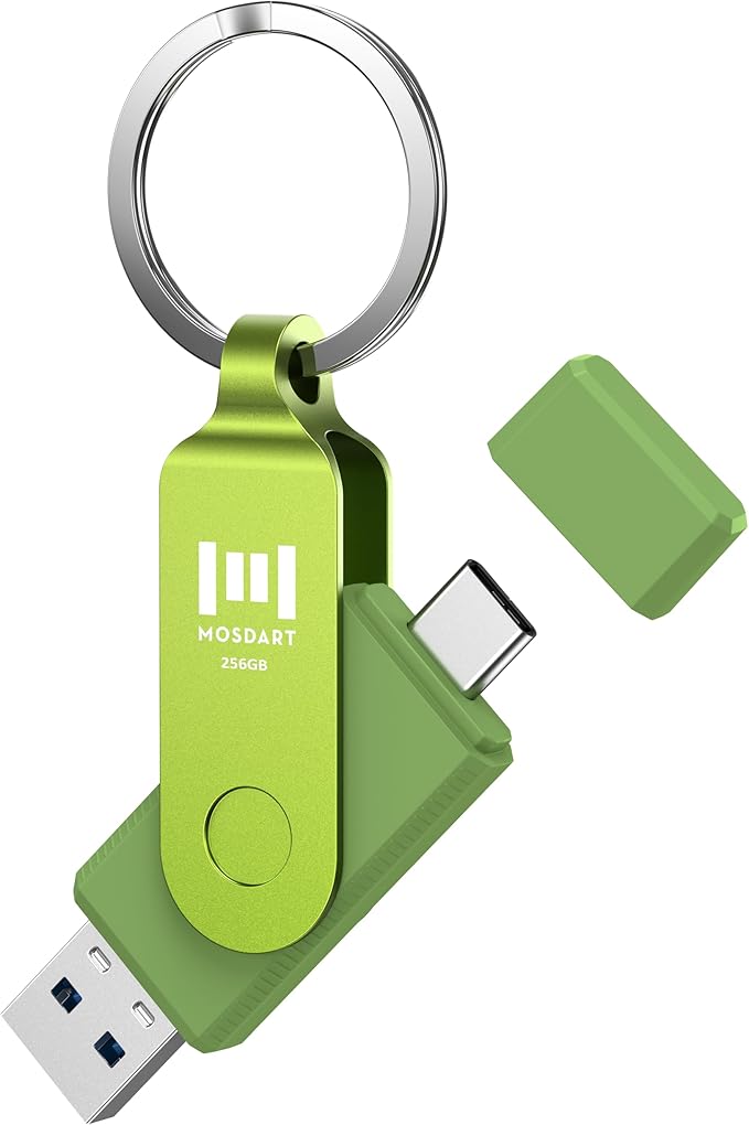 MOSDART 256GB USB C 3.2 Fast Speed C and A Dual Flash Drive, exFAT Memory Stick with Keychain and LED Indicator, for iPhone 15,16,17, Android Phone, iPad, MacBook, and Other Laptops, Green