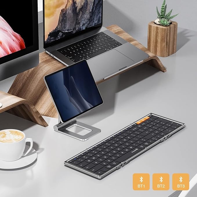 ProtoArc Foldable Bluetooth Keyboard, XK01 Folding Wireless Portable Keyboard with Numeric Keypad, Full-Size Travel Keyboards for iPad Tablet Smartphone Laptop PC Windows iOS Android, Space Gray